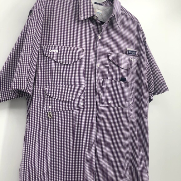 Columbia PFG Button Down Polo Shirt Short Sleeve Gigham Plaid Purple White Large - Picture 4 of 11